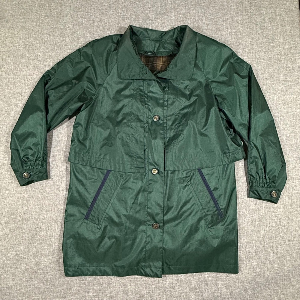 VTG British Mist Raincoat Jacket Womens L Green Trench Plaid Lined Dark Academia